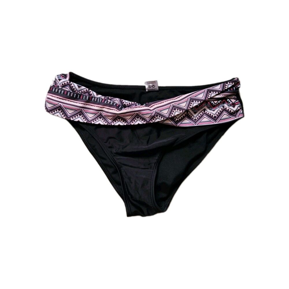 SHEKINI Black Pink Geometric Twist Front Cheeky Bikini Bottom Sz S EUC
